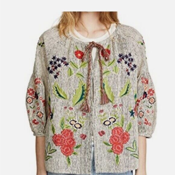 Velvet By Graham & Spencer Delfina Embroidered Striped Jacket Cotton/Linen Size - Picture 1 of 10